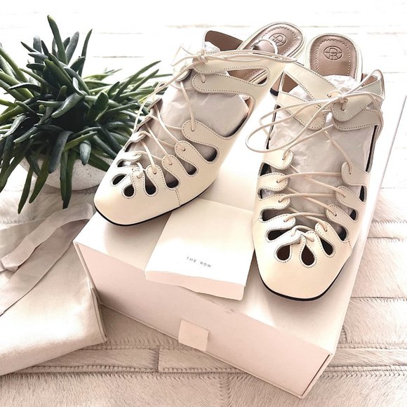 The Row Dixie Leather Lace-Up Mules in Pearl - Picture 3 of 12